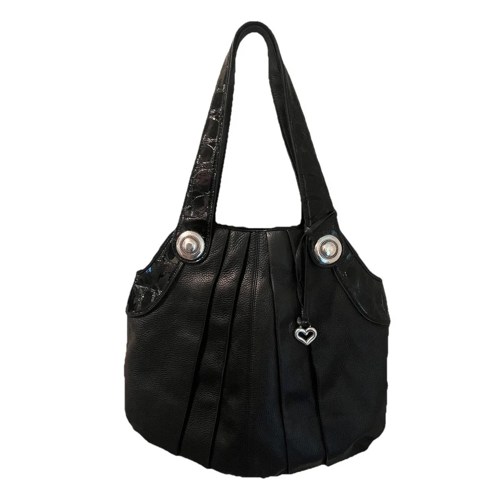 Brighton Purse Black‎ Pebbled Pleated Shoulder Bag Silver Large